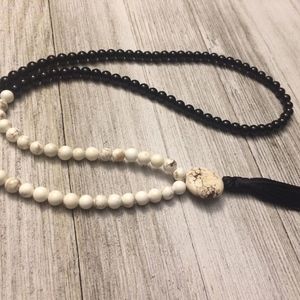 White Turquoise Bead Mala with Onyx & Silk Tassel